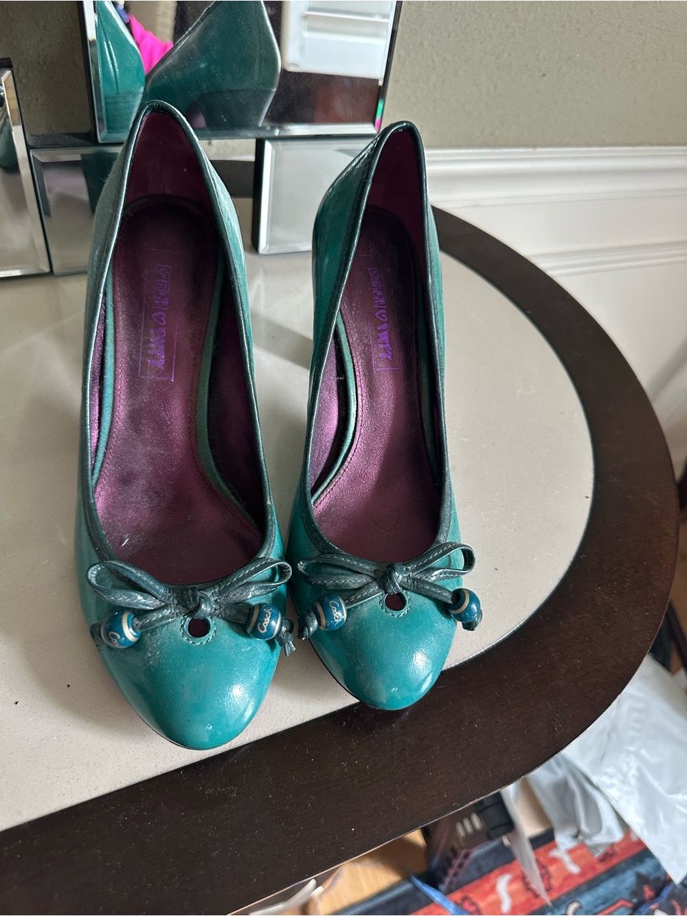 Coach Teal Bow-Accent Patent Pumps